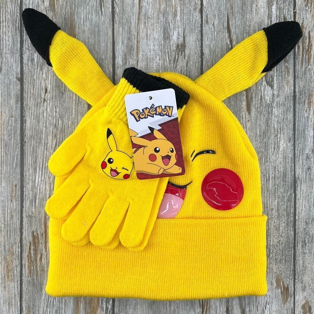 Kids Pokemon Pikachu Beanie Hat & Gloves 2-Piece Set Winter